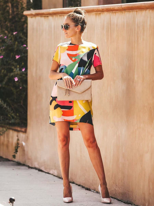 Amsoin Colorful Print Round Neck Dress