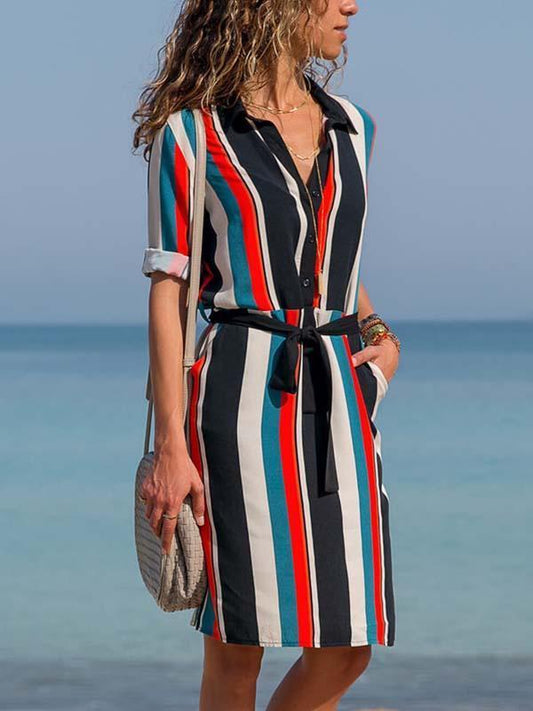 Amsoin Chiffon Striped Belt Shirt Dress