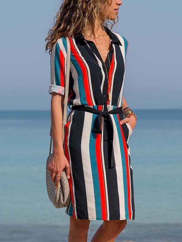 Amsoin Chiffon Striped Belt Shirt Dress