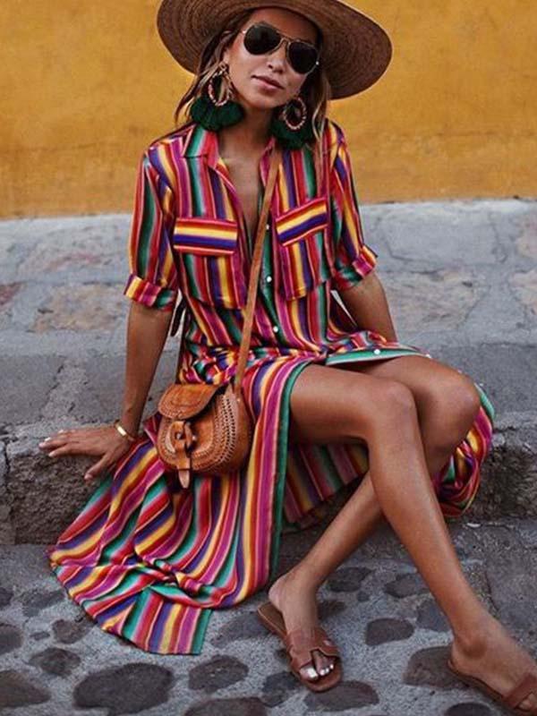 Amsoin Bohemian Multicolor Striped Dress