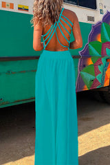 Amsoin Solid Criss Cross Backless Maxi Cami Dress