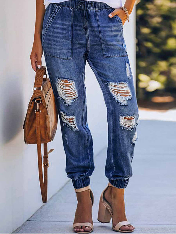 Amsoin Adjustable Waist Ripped Jeans