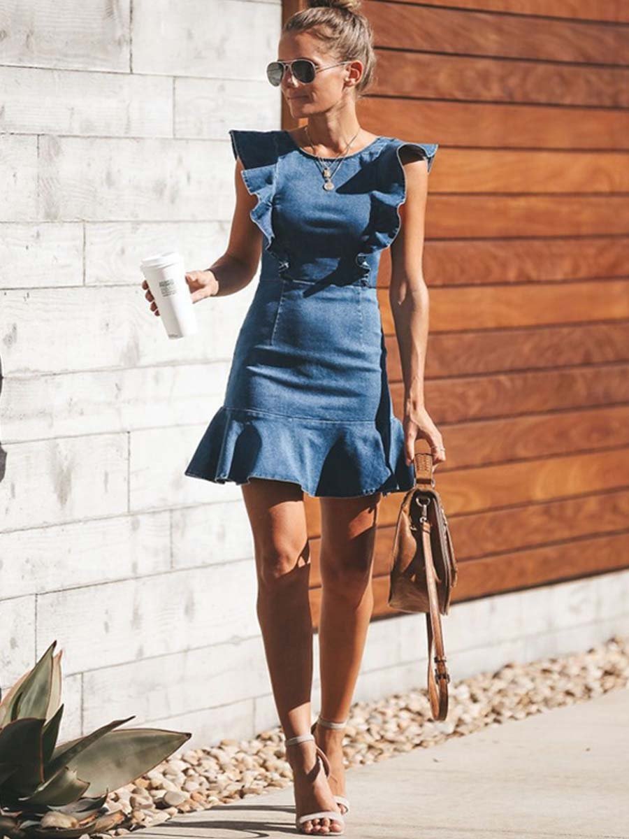 Amsoin O Neck Flouncing Denim Dress