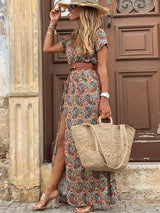 Amsoin Boho Style V-neck Floral Dress