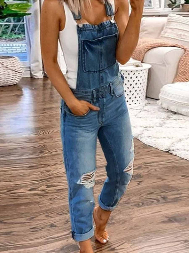 Amsoin Casual Denim Ripped Jumpsuit