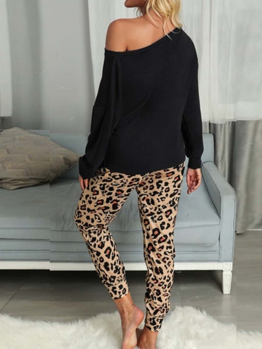 Amsoin Leopard Pocket Off-shoulder Two Sets