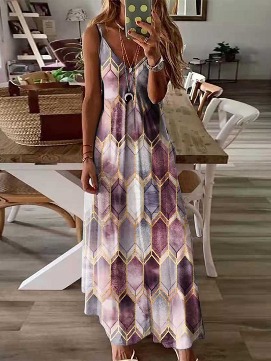 Amsoin Geometric Print Sling Dress