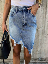 Amsoin Irregular Fringed Denim Skirt