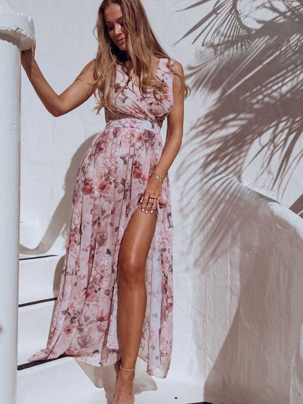 Amsoin Printed Chiffon Sleeveless Slit Dress