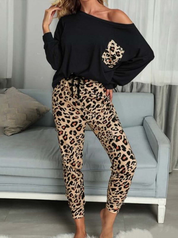 Amsoin Leopard Pocket Off-shoulder Two Sets