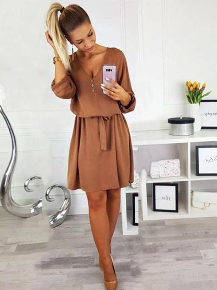 Amsoin V Neck Dress With Belt