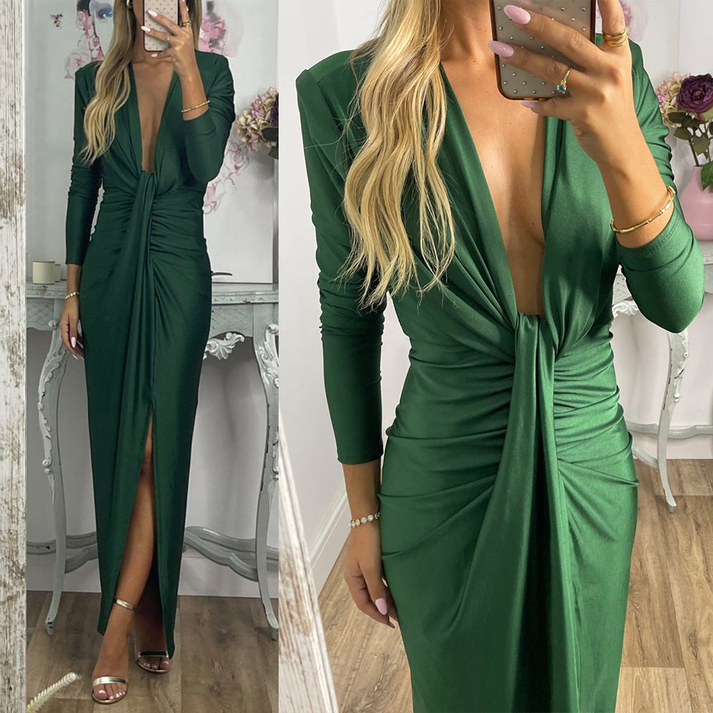 Amsoin Deep V Neck Ruched Slit Maxi Bodycon Dress