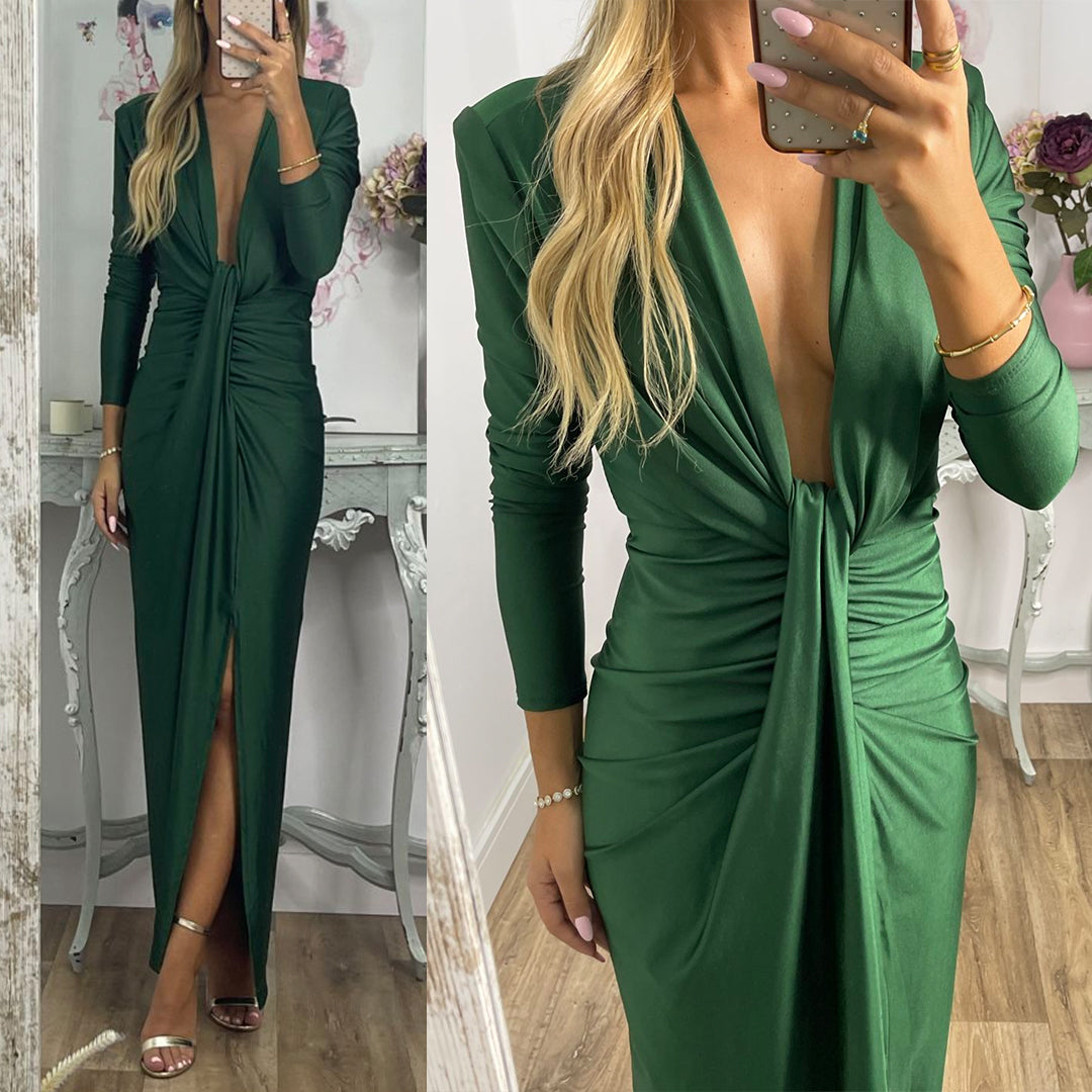 Amsoin Deep V Neck Ruched Slit Maxi Bodycon Dress