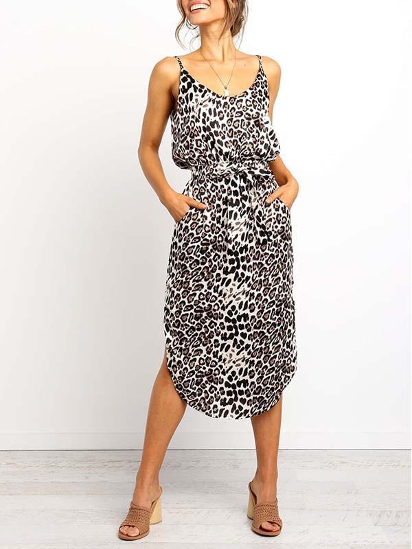 Amsoin Leopard Slit Dress With Pocket