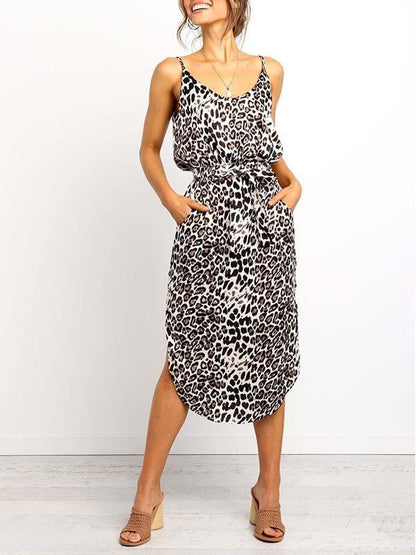Amsoin Leopard Slit Dress With Pocket