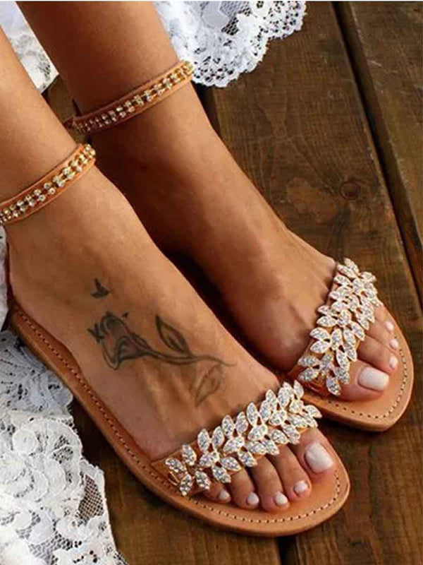 Amsoin Buckle Strap Fashion Rhinestone Flat Sandals