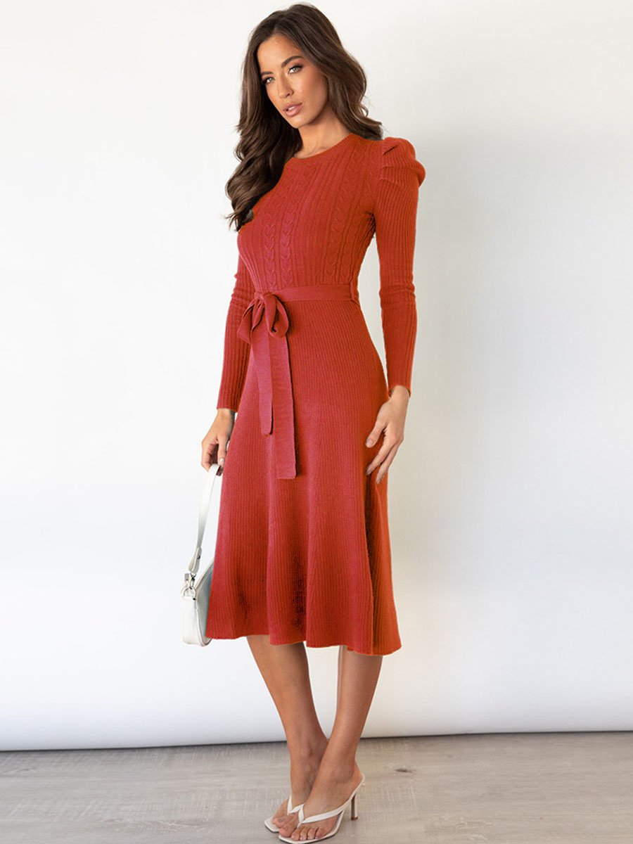 Amsoin Bubble Sleeve Belt Knit Dress