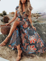 Amsoin Bohemian V Neck Printed Maxi Dress
