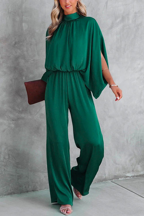 Amsoin Stand Collar Slit Sleeve Waisted Wide Leg Jumpsuits( in 5 Colors)