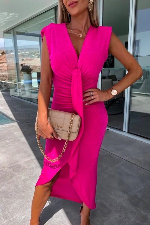 Amsoin V Neck Drape Front Ruched Sleeveless Bodycon Dress