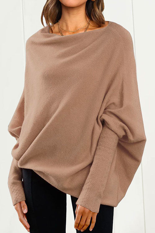 Solid Batwing Sleeves Slouchy Knit Sweater