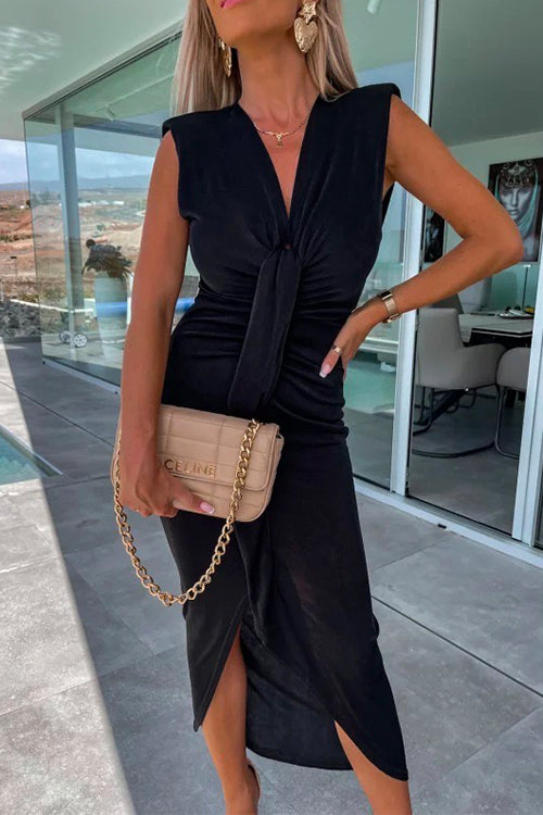 Amsoin V Neck Drape Front Ruched Sleeveless Bodycon Dress