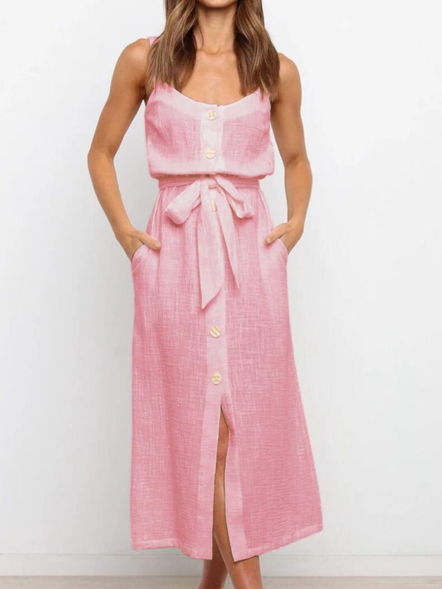 Amsoin Button Slit Belt Dress