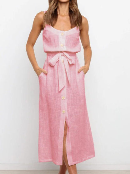 Amsoin Button Slit Belt Dress