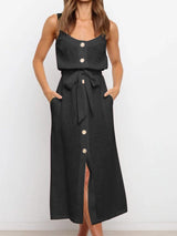 Amsoin Button Slit Belt Dress