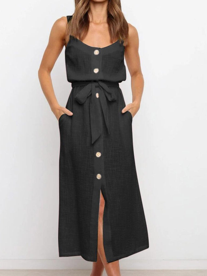 Amsoin Button Slit Belt Dress
