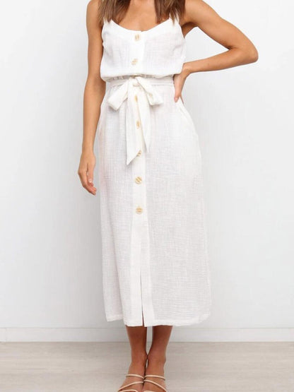 Amsoin Button Slit Belt Dress