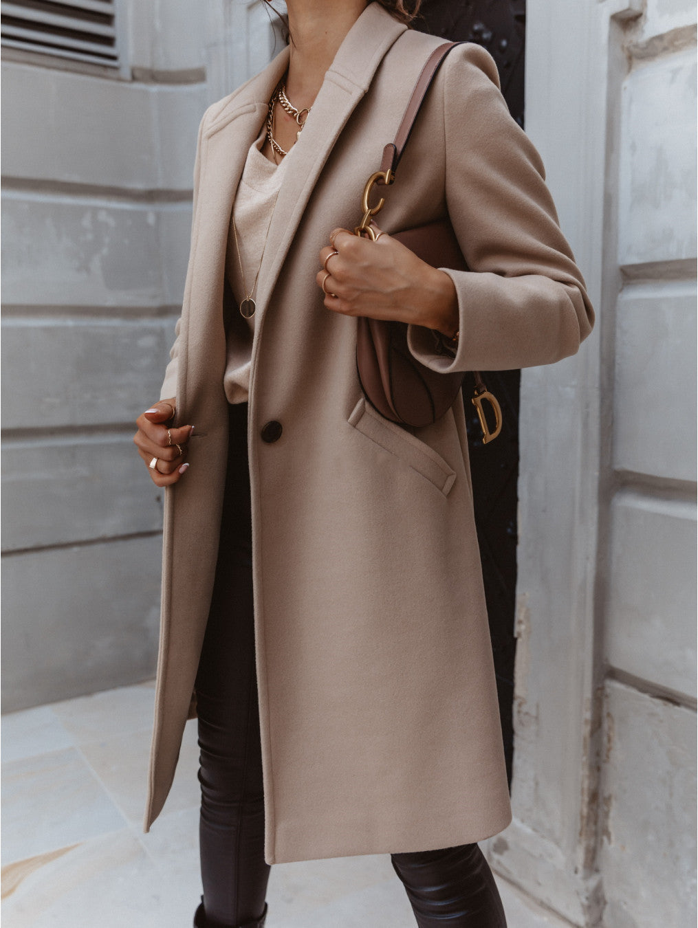 Amsoin Solid Lapel Long Sleeve Midi Coat