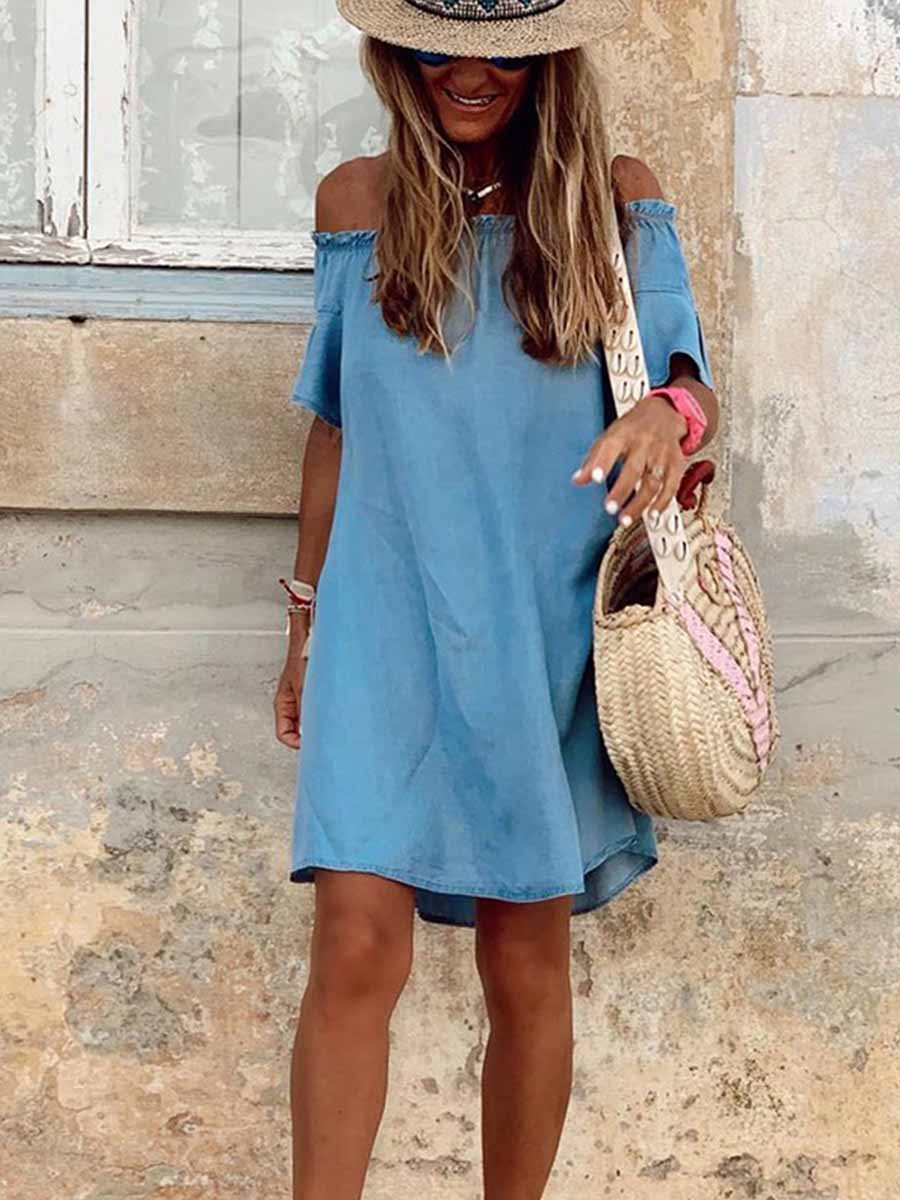 Amsoin Ruffled Sleeve Denim Dress