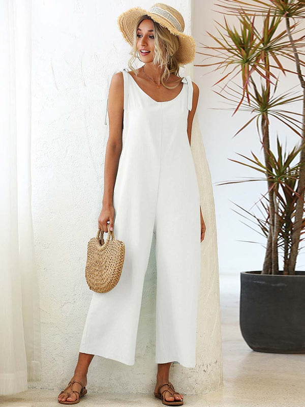 Amsoin Loose V Neck Solid Color Jumpsuit