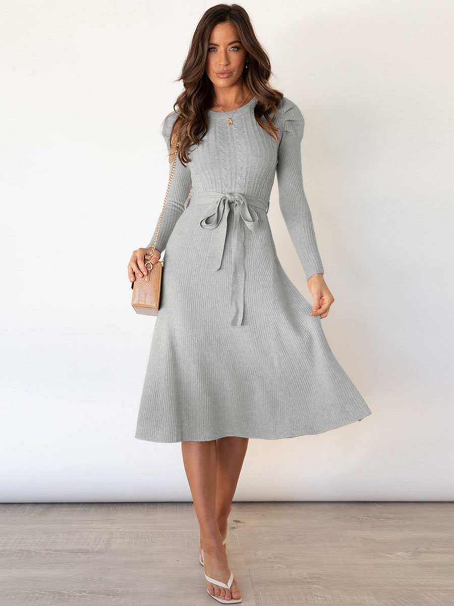 Amsoin Bubble Sleeve Belt Knit Dress