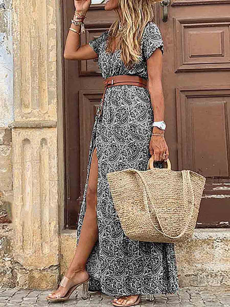 Amsoin Boho Style V-neck Floral Dress