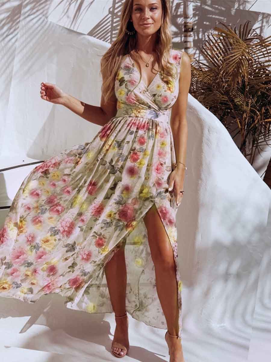 Amsoin Printed Chiffon Sleeveless Slit Dress