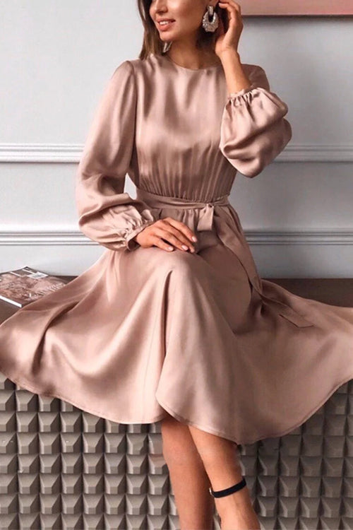 Amsoin Lantern Sleeve Tie Waist Swing Satin Dress