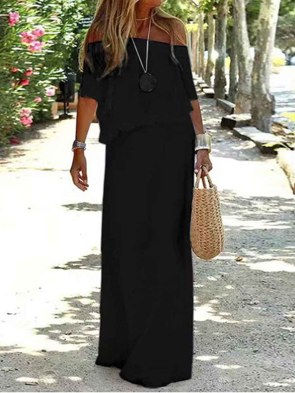 Amsoin Casual Off Shoulder Solid Beach Maxi Dress