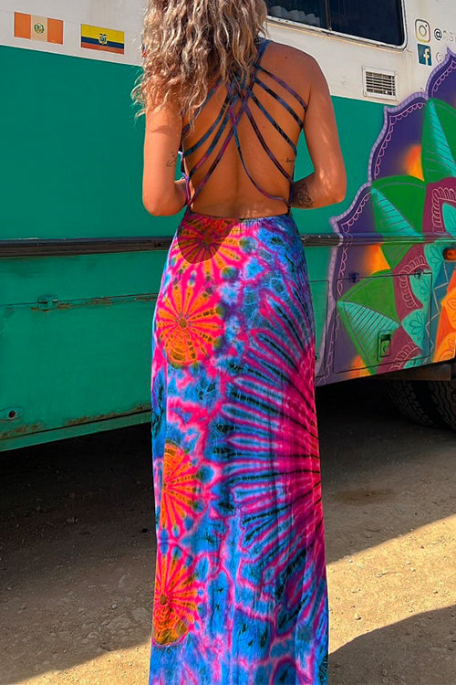 Amsoin Criss Cross Backless Tie Dye Maxi Cami Dress