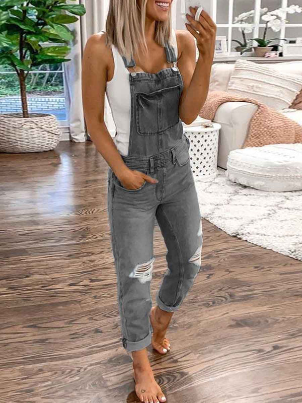 Amsoin Casual Denim Ripped Jumpsuit