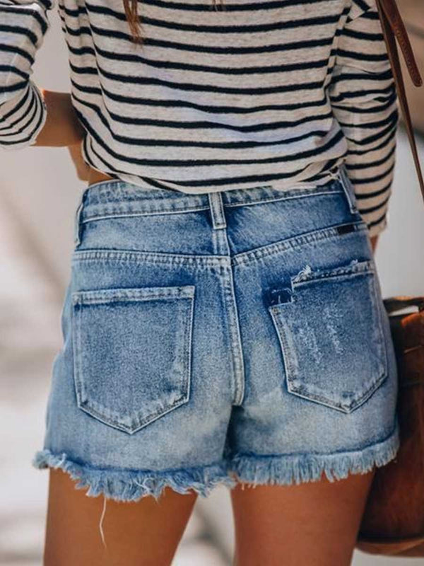 Amsoin Buttons Fringed Jeans Shorts