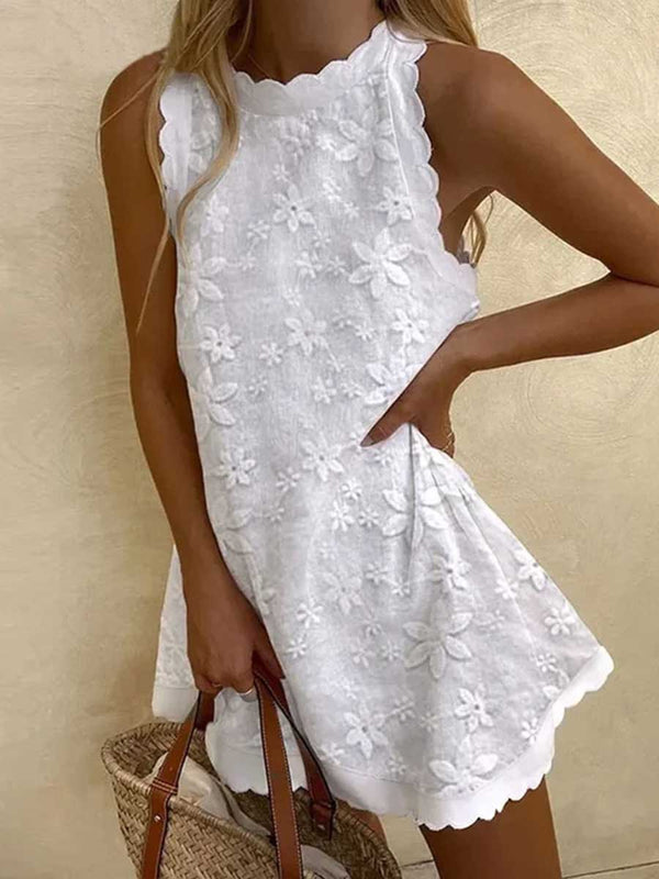 Amsoin Sweet Vacation Solid Embroidered Vest Dress
