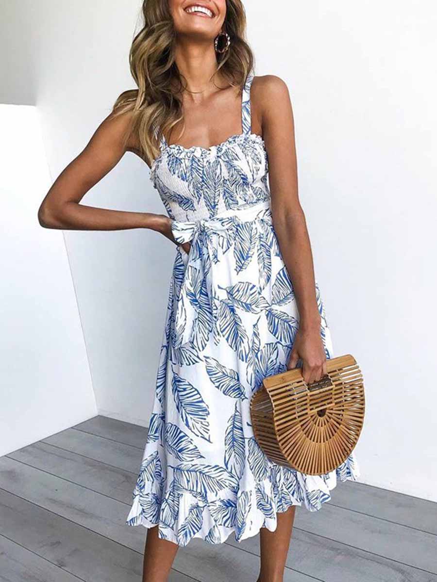 Amsoin Printed Leaf Ruffled Belt Dress