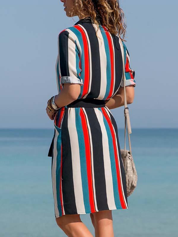 Amsoin Chiffon Striped Belt Shirt Dress