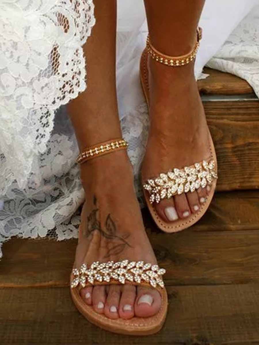 Amsoin Buckle Strap Fashion Rhinestone Flat Sandals