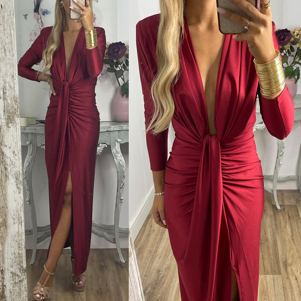 Amsoin Deep V Neck Ruched Slit Maxi Bodycon Dress