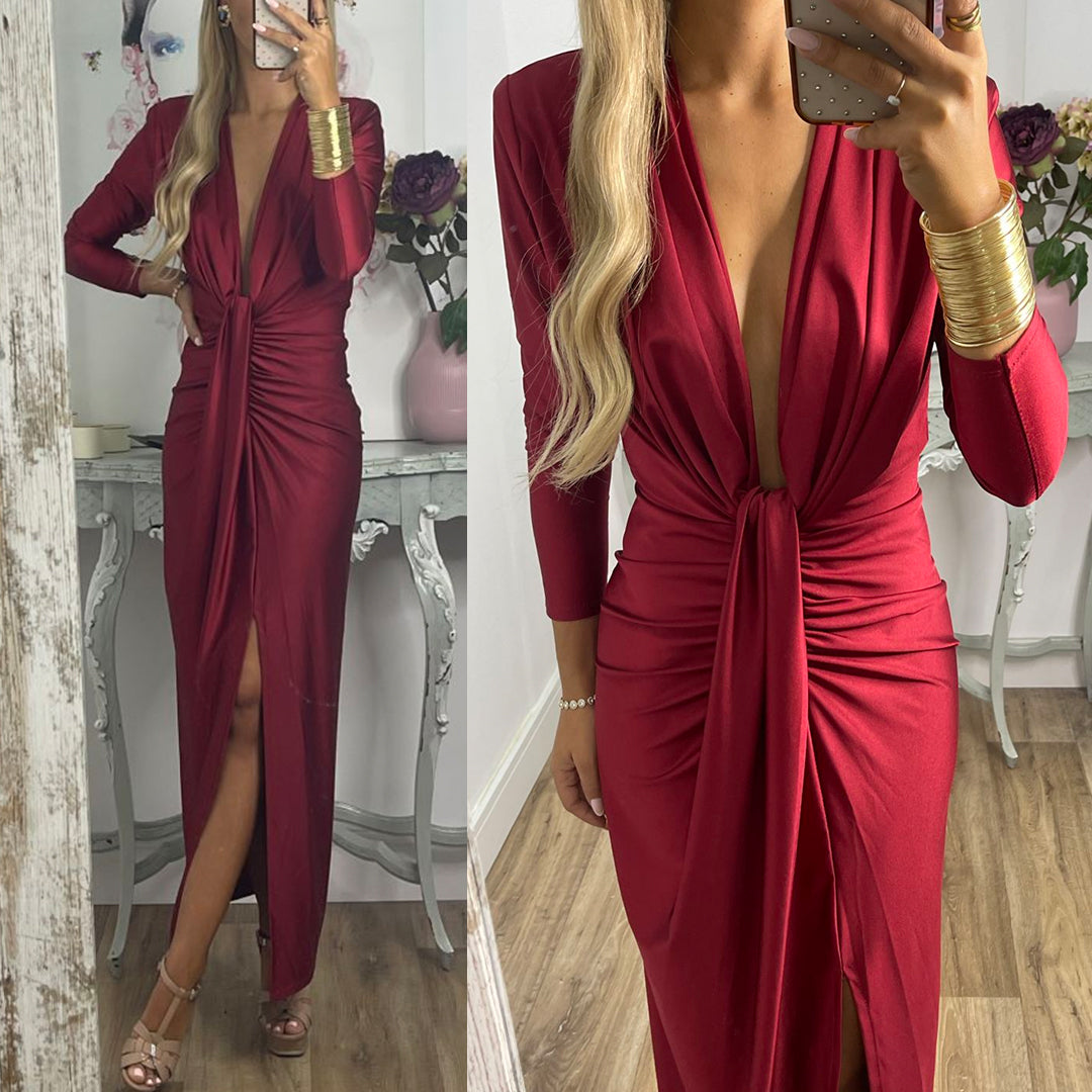Amsoin Deep V Neck Ruched Slit Maxi Bodycon Dress