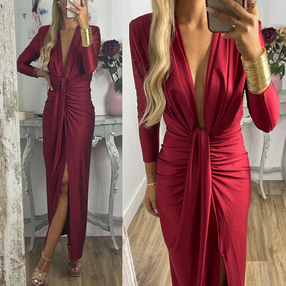 Amsoin Deep V Neck Ruched Slit Maxi Bodycon Dress