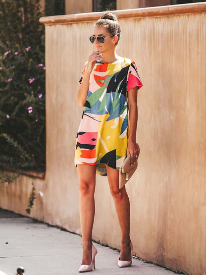 Amsoin Colorful Print Round Neck Dress